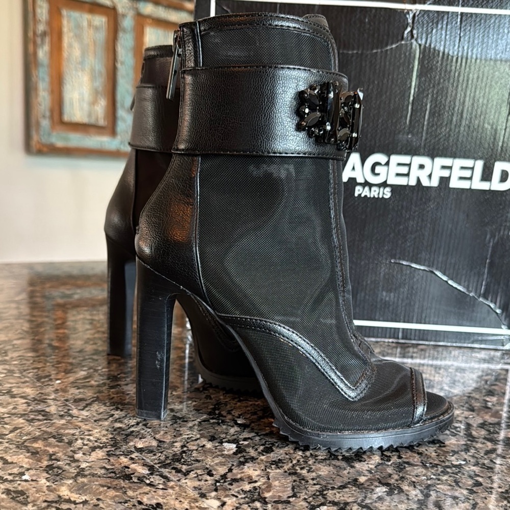 Karl Lagerfeld Black mesh Heeled Boots with Peep-Toe Design NWT 5.5 - Picture 6 of 16